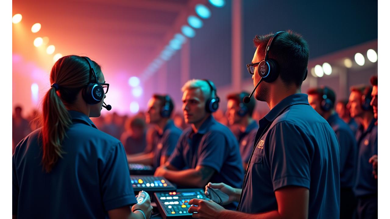 Event staff communicating via headsets on-site at a large event