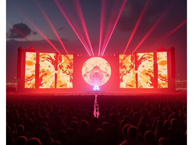 An energetic festival crowd gathered around a large, illuminated stage with dynamic light patterns and a brand logo prominently displayed.