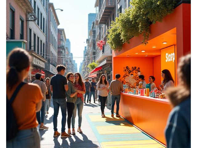 A vibrant pop-up shop in an urban setting, featuring playful interactive elements and a strong brand presence attracting a diverse crowd.