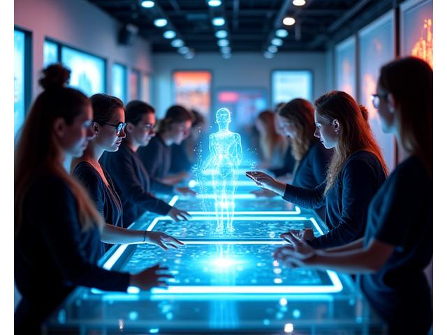 A large, futuristic product display with customers eagerly interacting with it, surrounded by dynamic lighting and branding elements.