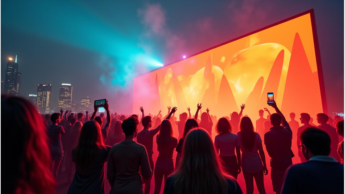 Diverse group of people interacting with a vibrant, glowing 3D projection at an outdoor experiential marketing event