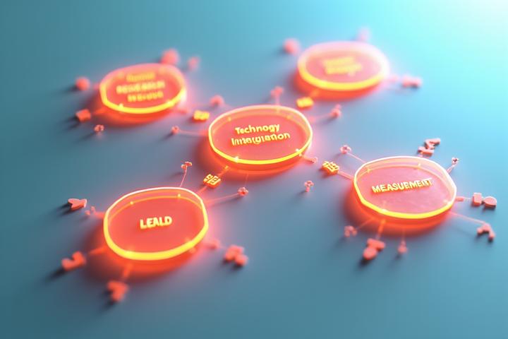 An infographic depicting a strategic marketing funnel with colorful nodes connecting research, design, technology, and measurement, set against a clean, modern background.