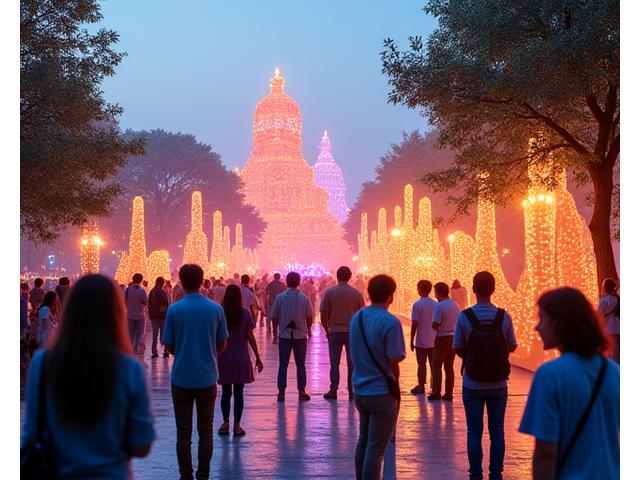 Outdoor cultural arts festival with intricate art installations and diverse attendees interacting.
