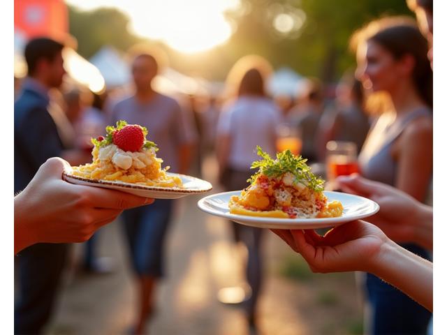 People enjoying gourmet food and drinks at a bustling outdoor food and wine festival.
