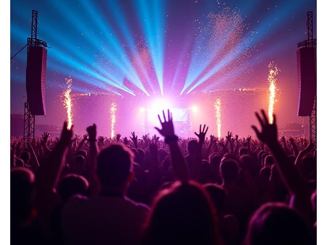 Massive crowd at a lively music festival with vibrant stage lighting and confetti falling.