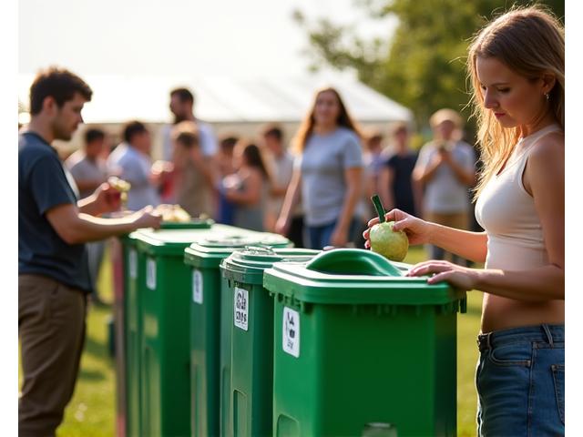  Attendees sorting waste at a designated recycling station at a green festival, emphasizing sustainability.