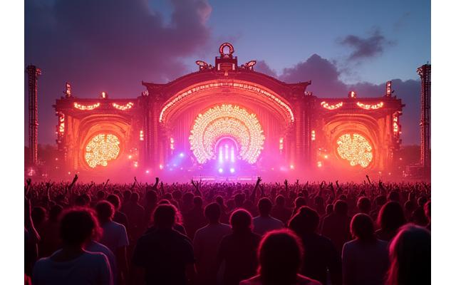 Panoramic view of a large, vibrant music festival at sunset with intricate stage design and thousands of ecstatic attendees under colorful lights.