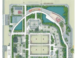 Blueprint-style rendering of a festival site layout with different zones and stages outlined.