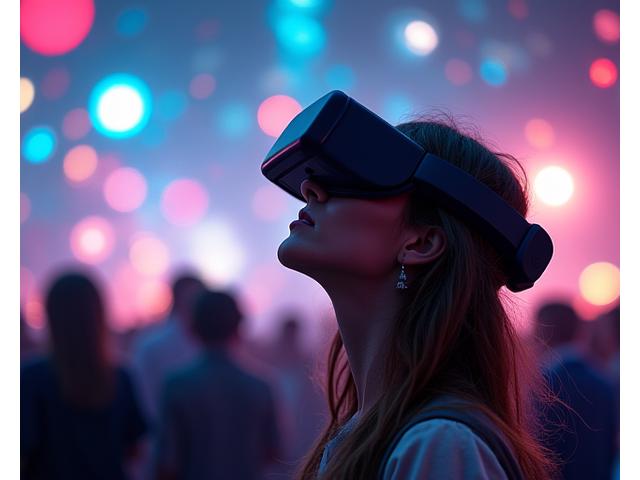 A person wearing an AR headset, superimposed with fantastical digital art floating around them, blending reality with digital elements.