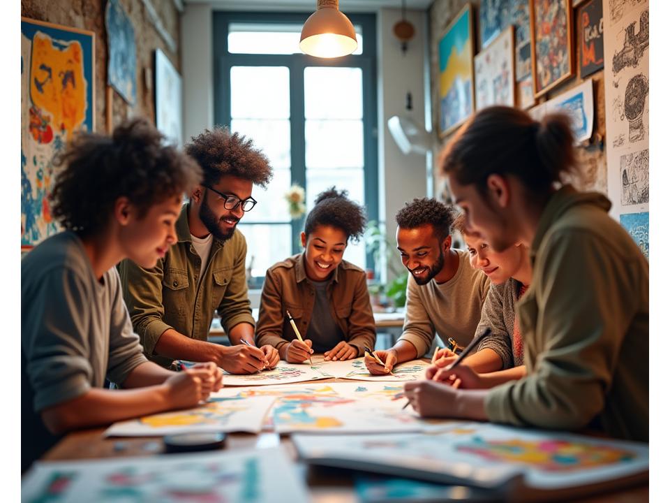 A diverse group of artists, smiling and sketching, in a vibrant studio setting with various art forms in the background.