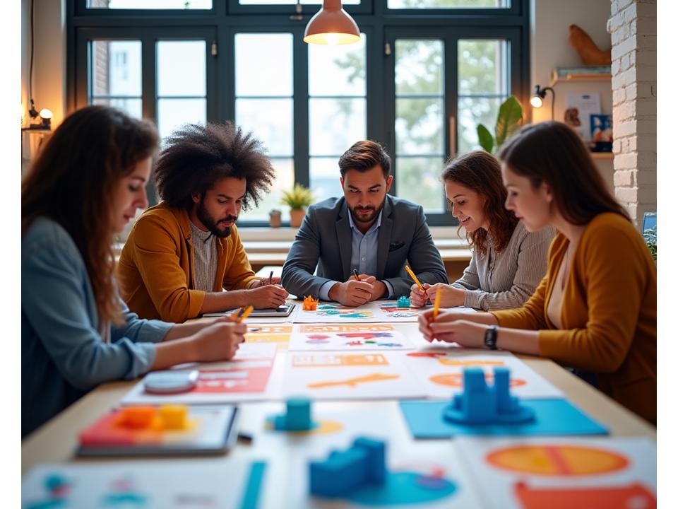 A creative team brainstorming around a table covered in sketches, 3D models, and digital tablet designs, representing collaborative design.