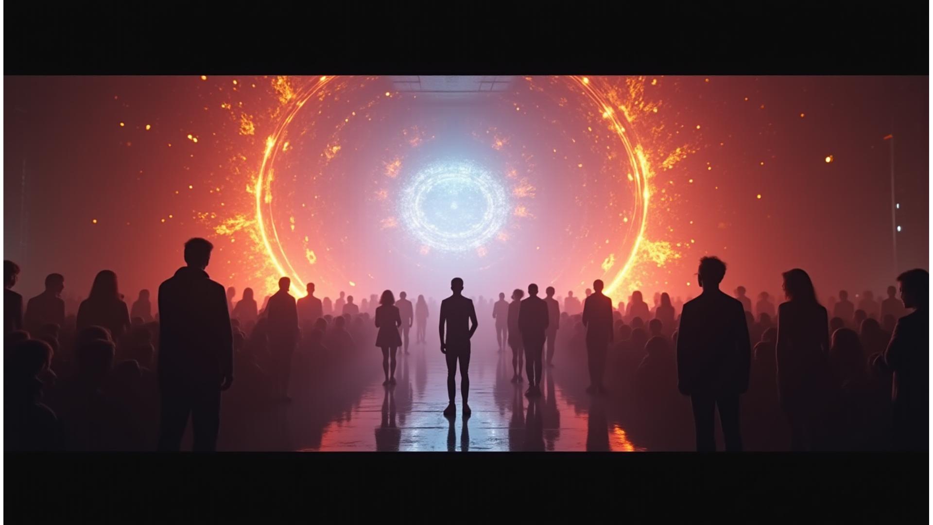 A large-scale, luminous interactive art installation featuring swirling patterns of light in a dark space, captivating an audience.