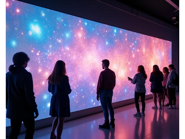 People interacting with a dynamic digital display wall, where their movements create rippling patterns of light and color.
