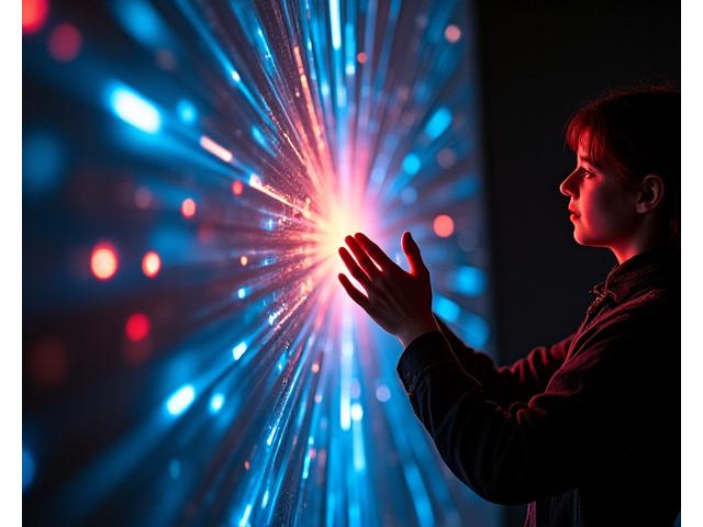 Guests interacting with a light-based art installation that responds to movement, shown in vivid blue and purple.