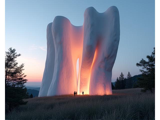 A massive abstract sculpture made of reflective materials, glowing with internal lights, dominating a large outdoor space during sunset.