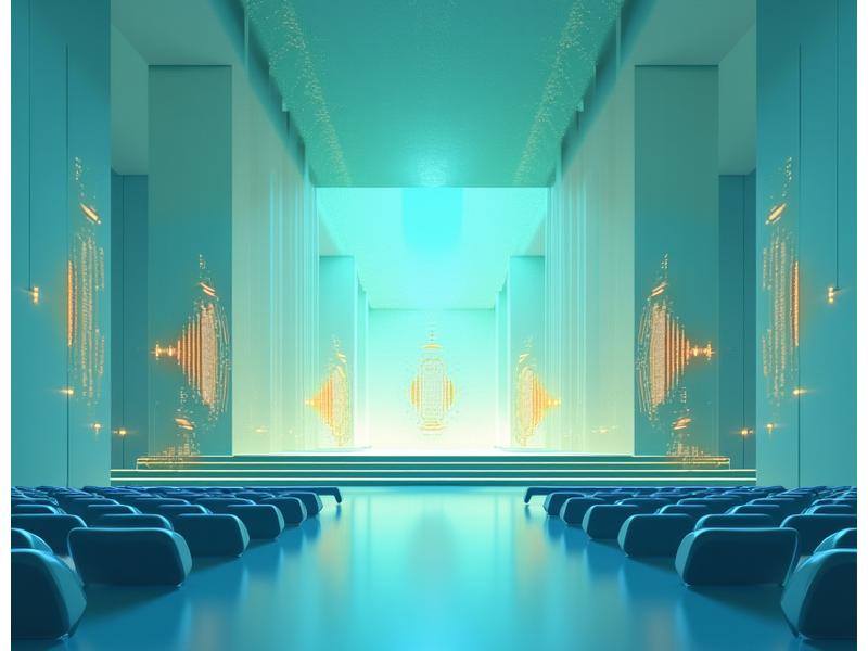 Illustration of a venue with sound waves emanating from speakers, showing ideal sound dispersion and acoustic analysis results.