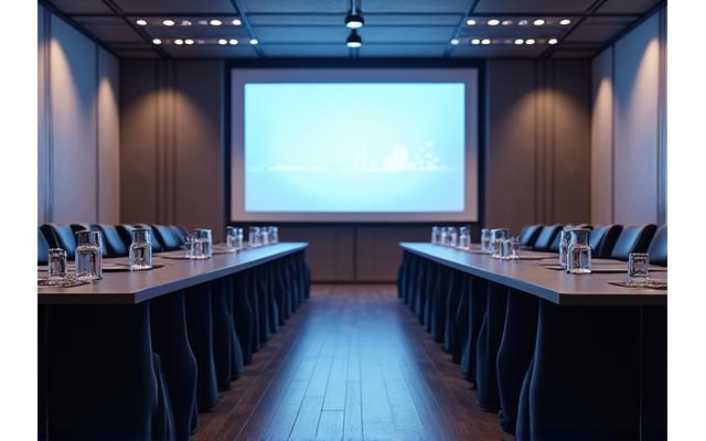 Professional corporate conference room with discreet, high-quality audio equipment for clear presentations and discussions.