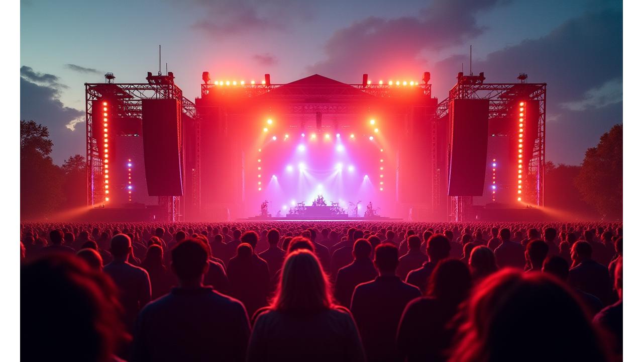 Large-scale concert sound system with vibrant stage lighting, creating an immersive audio-visual experience for a massive crowd.