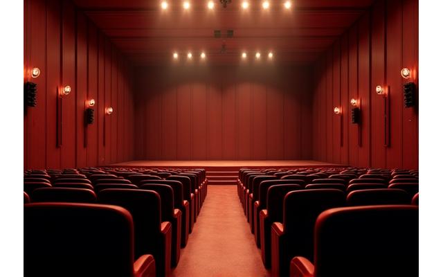 Elegant indoor theater with a well-integrated sound system, ready for a theatrical performance or concert.