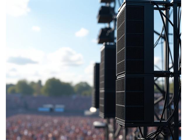 Durable, weather-resistant line array speaker system suspended over a large outdoor event space.