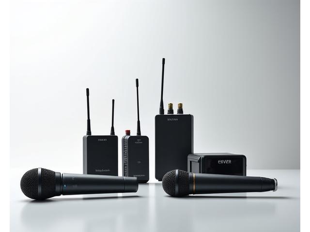 Assortment of professional microphones, including wireless handheld, lavalier, and studio condenser types, neatly arranged.