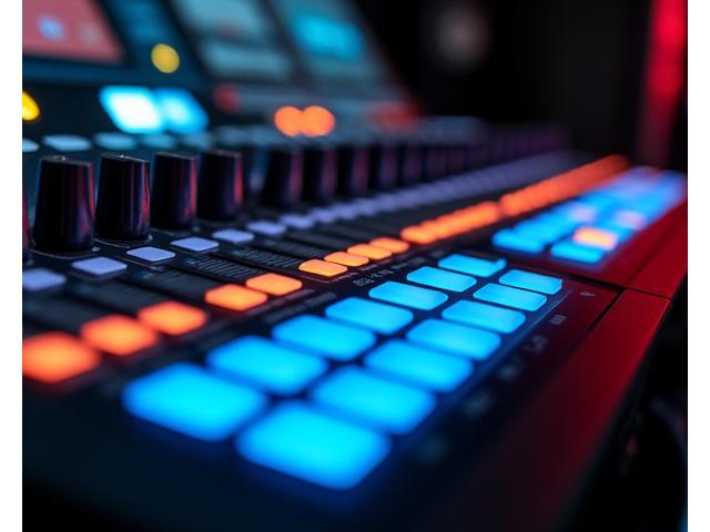 A modern digital mixing console with multiple faders and screens, illuminated by subtle stage lights.