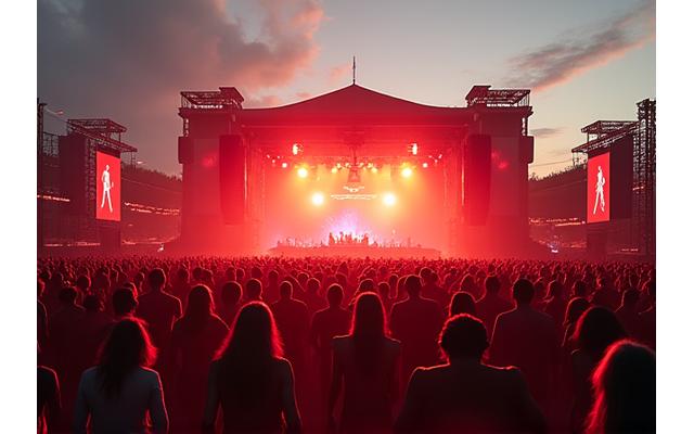 Vast outdoor music festival stage with massive sound towers and thousands of attendees enjoying the show.