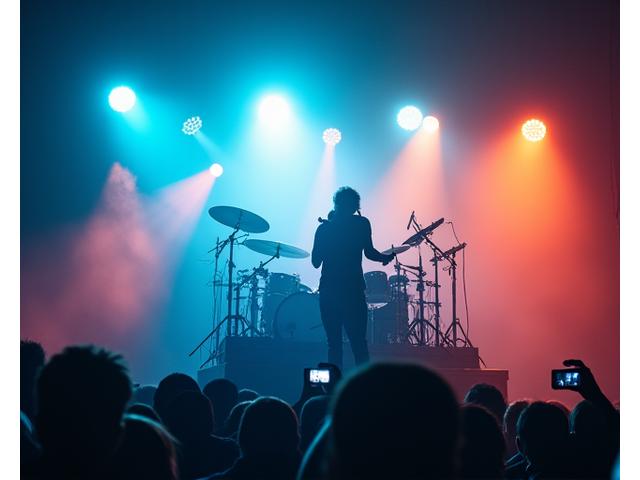 Energetic view of a concert stage with a band performing, illuminated by dramatic moving lights and haze, a large drum set visible, capturing the intense atmosphere of live music.