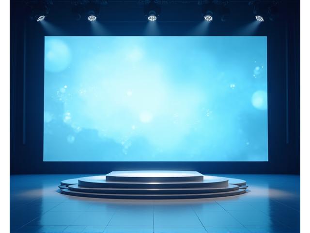 Sleek, modern corporate event stage with a large LED screen background displaying a company logo, a podium, and spotlight on an empty stage, suggesting preparation for a presentation.