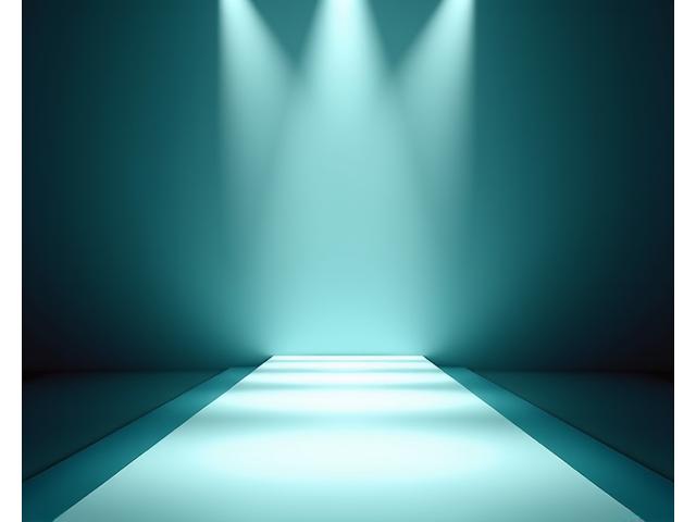 Elegant runway stage with bright spotlights, sleek polished surface, and minimalist design, designed for a fashion show, extending into the audience area.