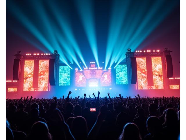 Dynamic shot of a massive, multi-level festival main stage at night, lit by moving spotlights and LED screens displaying abstract geometric patterns, with a large crowd in front.