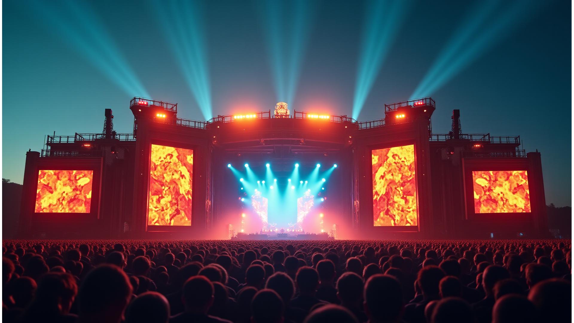 Panoramic view of a massive, custom-built festival main stage at sunset, illuminated with vibrant lights and surrounded by an excited crowd, showing intricate structural details and immersive LED screens.