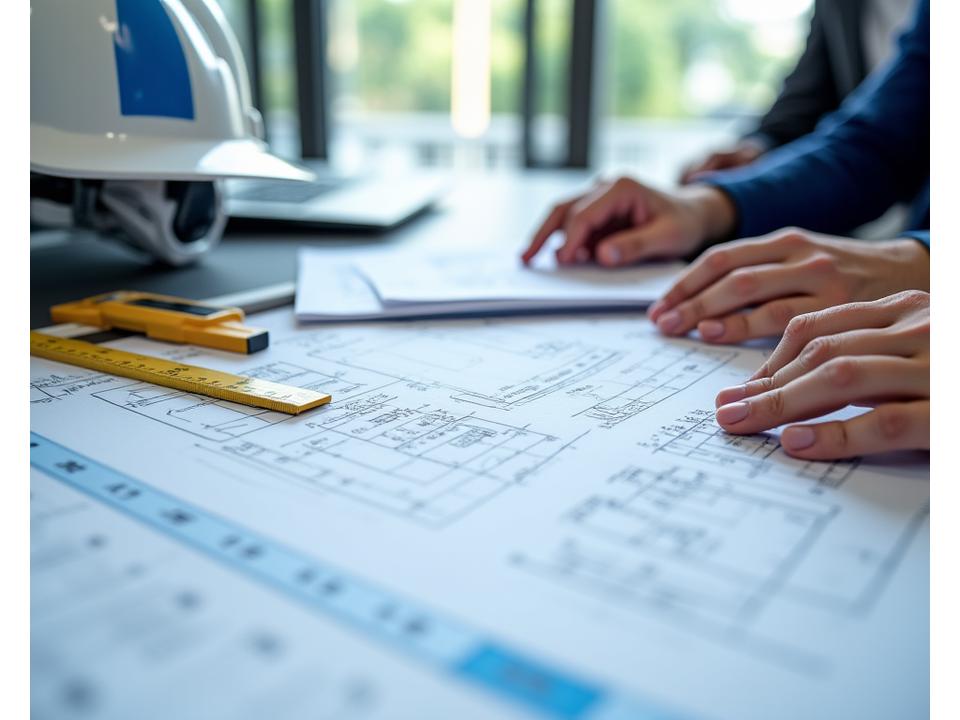 Close-up of a structural engineer's hands reviewing blueprints and safety diagrams, with a hard hat and measuring tools in the background, set in a modern construction office.