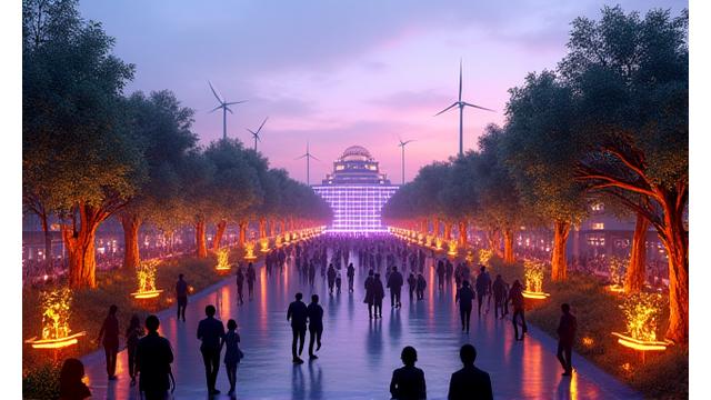 Vibrant, eco-friendly event scene with glowing renewable energy elements and lush green foliage, emphasizing a clean, sustainable future for events.