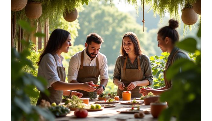 Diverse team of eco-friendly event vendors collaborating amidst lush greenery, with subtle branding of sustainable practices. Emphasizes community, integrity, and shared environmental goals.