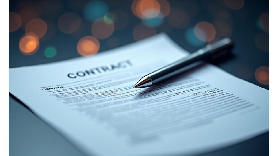 Close-up of a contract document with a pen, overlaid with subtle energetic lines, signifying detail and precision.