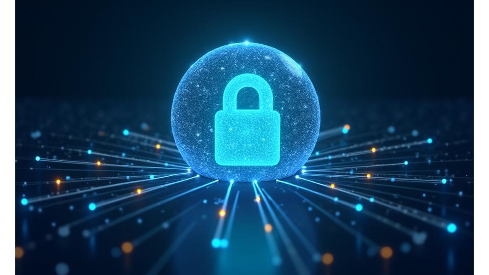 Stylized abstract graphic of a secure network and protected data, representing digital rights and intellectual property.